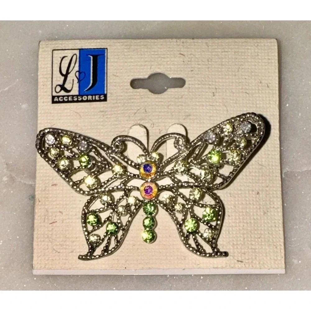 LJ Accessories Silver Tone Crystal Buttefly Rhinestone Brooch NEW on Card